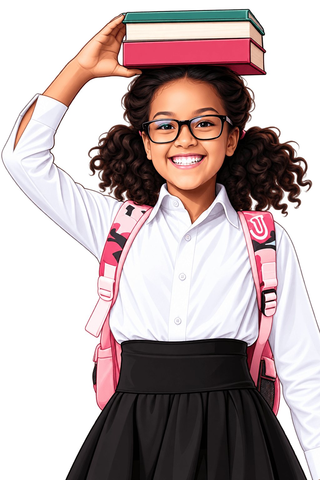Smiling young student balancing textbooks on her head