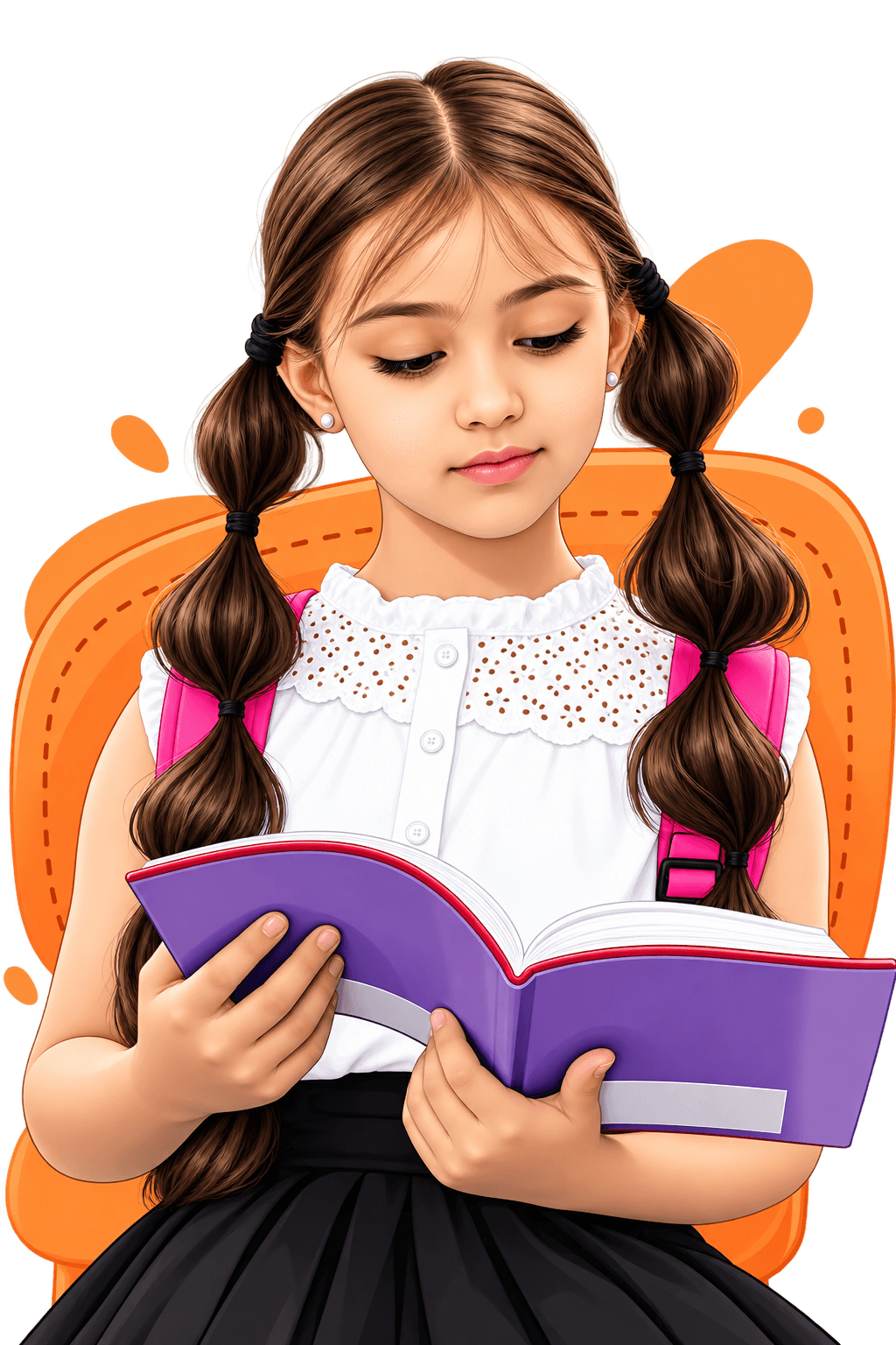 Fourth grade girl reading an engaging purple educational book