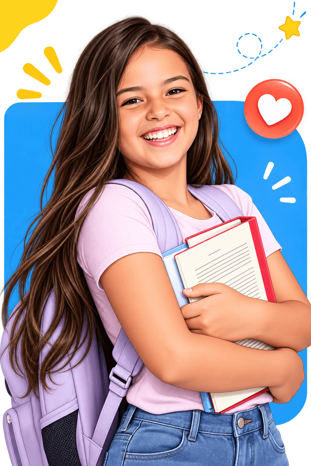 Smiling student with textbooks and purple backpack