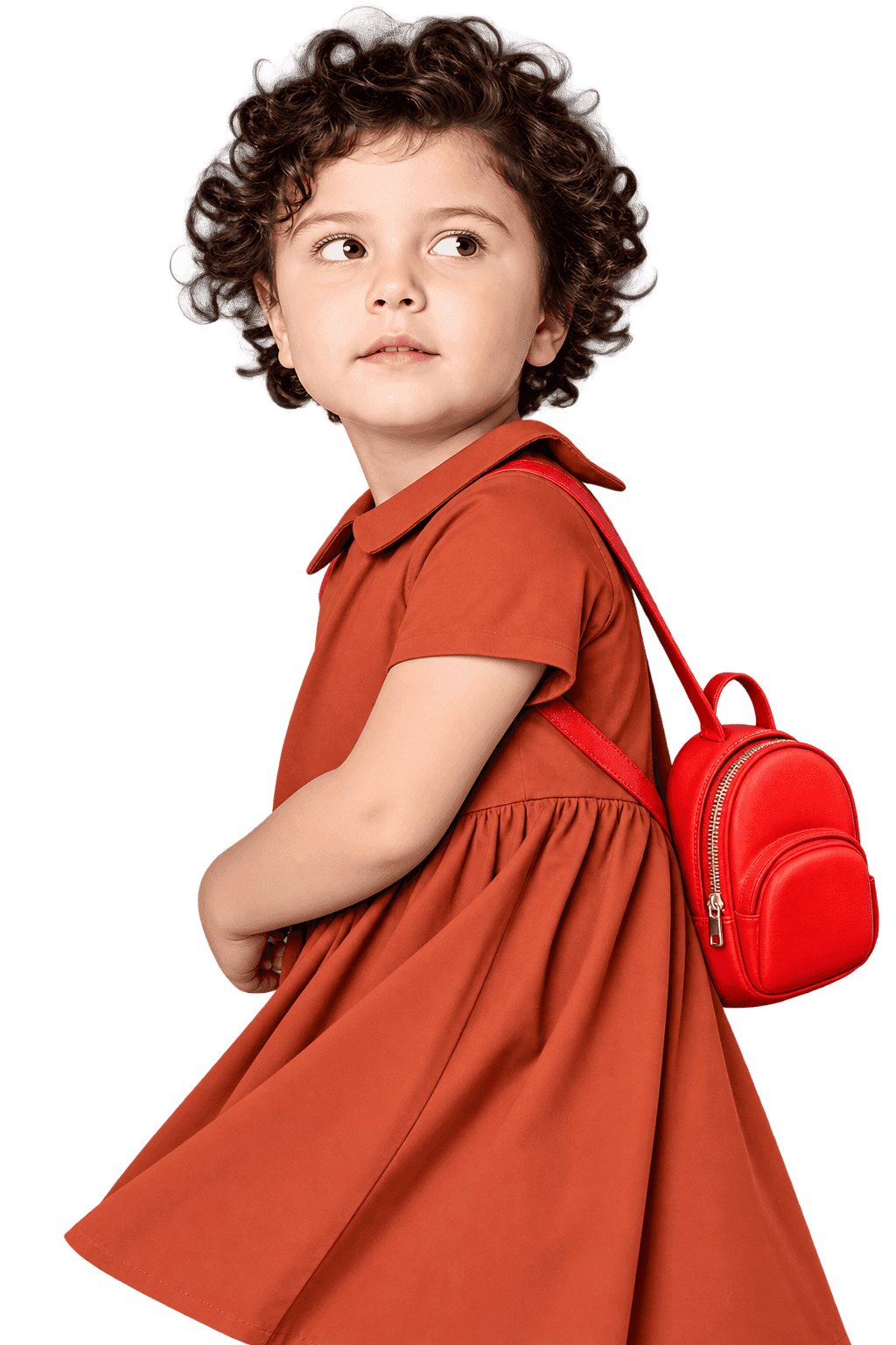 Curly-haired student with red backpack