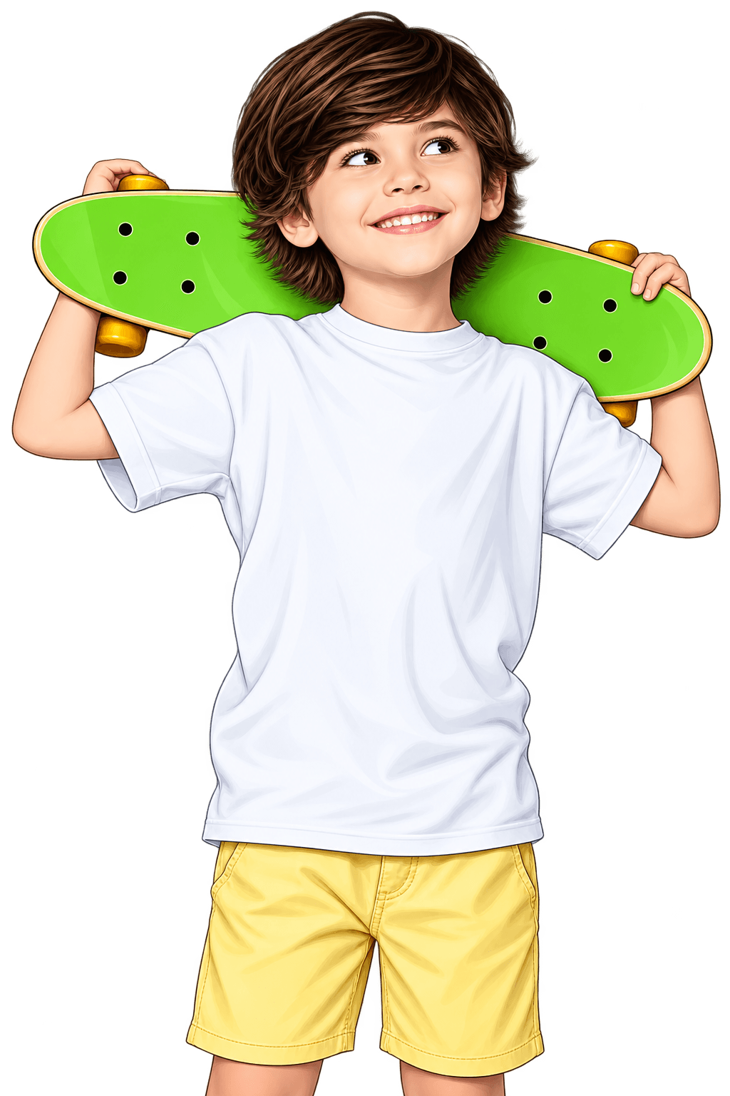 Energetic student holding a green skateboard with a big smile