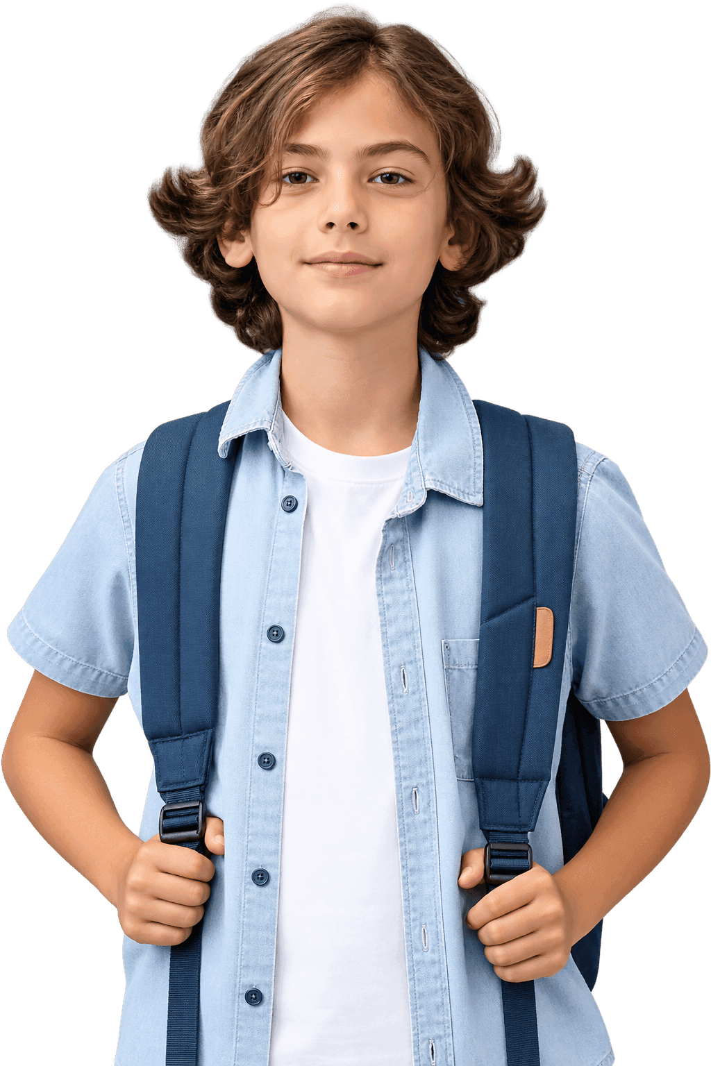 Confident student ready for school wearing a blue backpack
