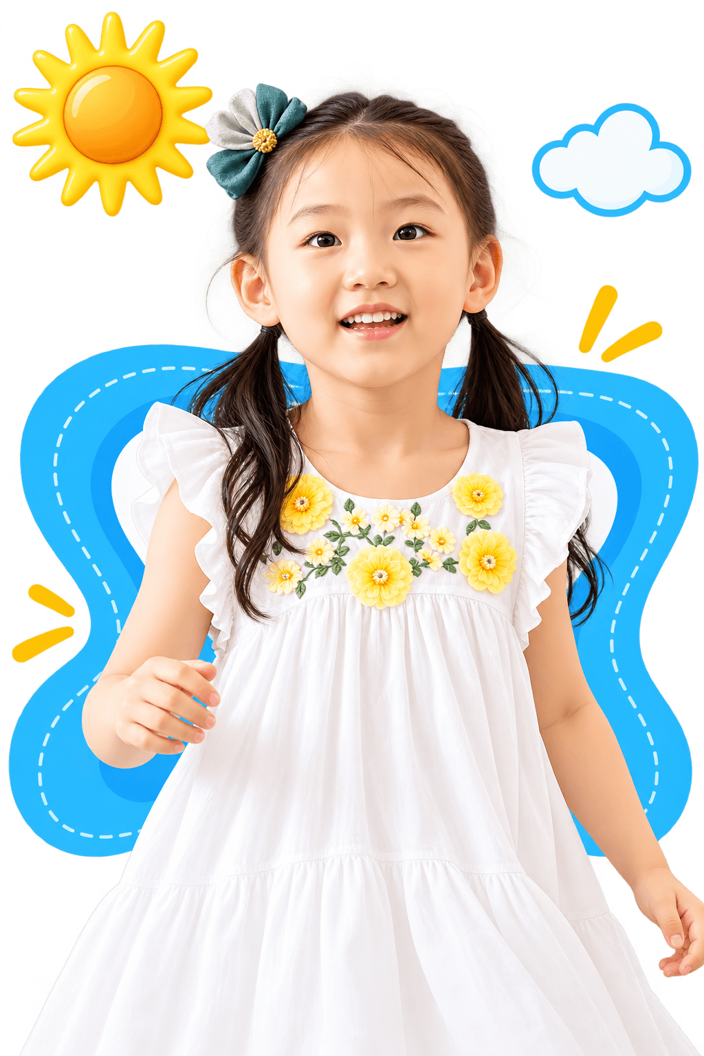 Young preschool girl in white dress with embroidered yellow flowers