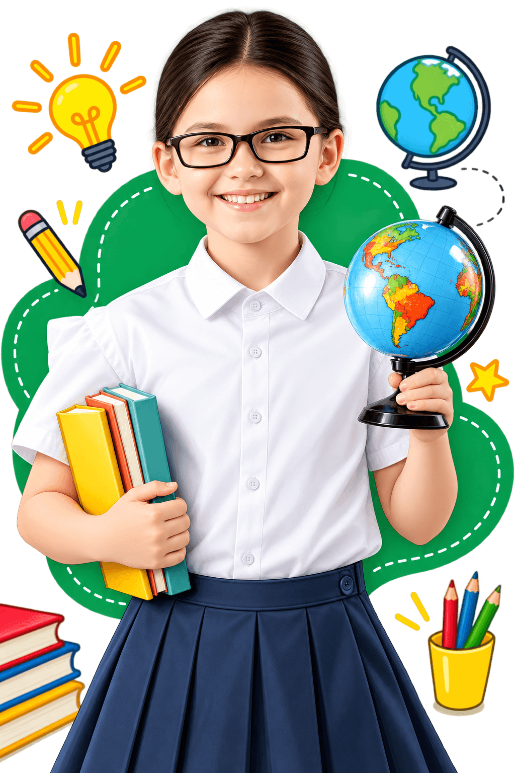 First grade girl with glasses holding a world globe and books
