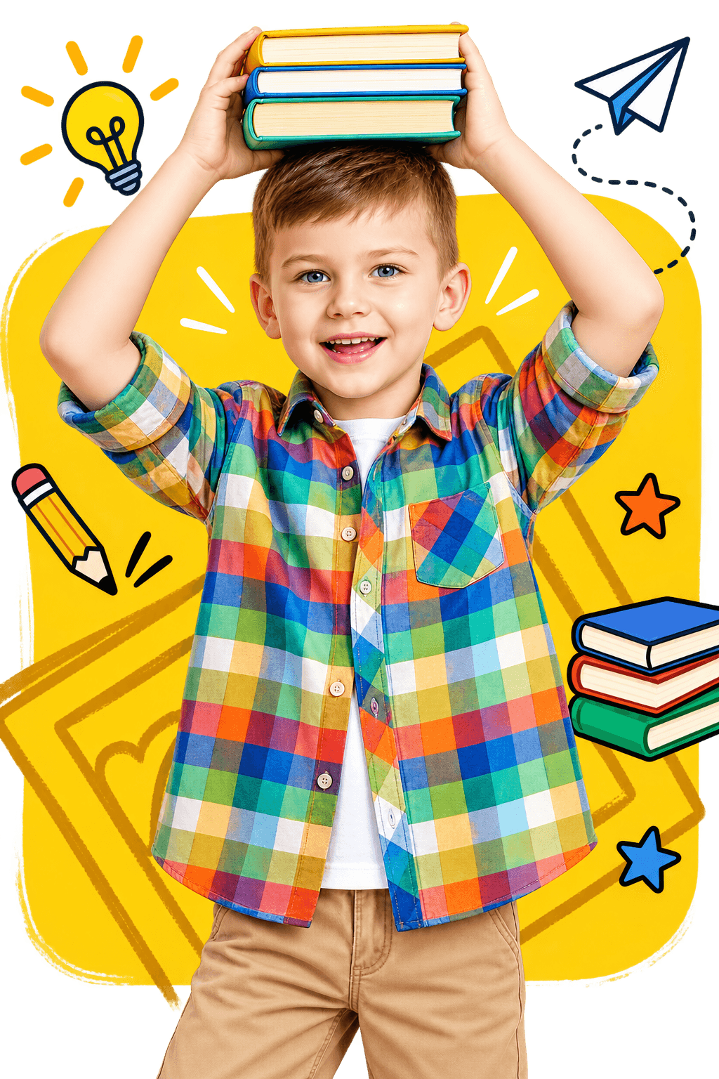 Confident student balancing books on his head